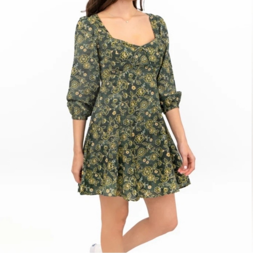 J. Crew Green Floral Boho Mini Dress w Sweetheart Neckline - Picture 1 of 10